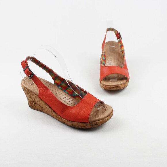Crocs A-leigh Peach Leather Cork Wedge Sandals - Picture 1 of 15